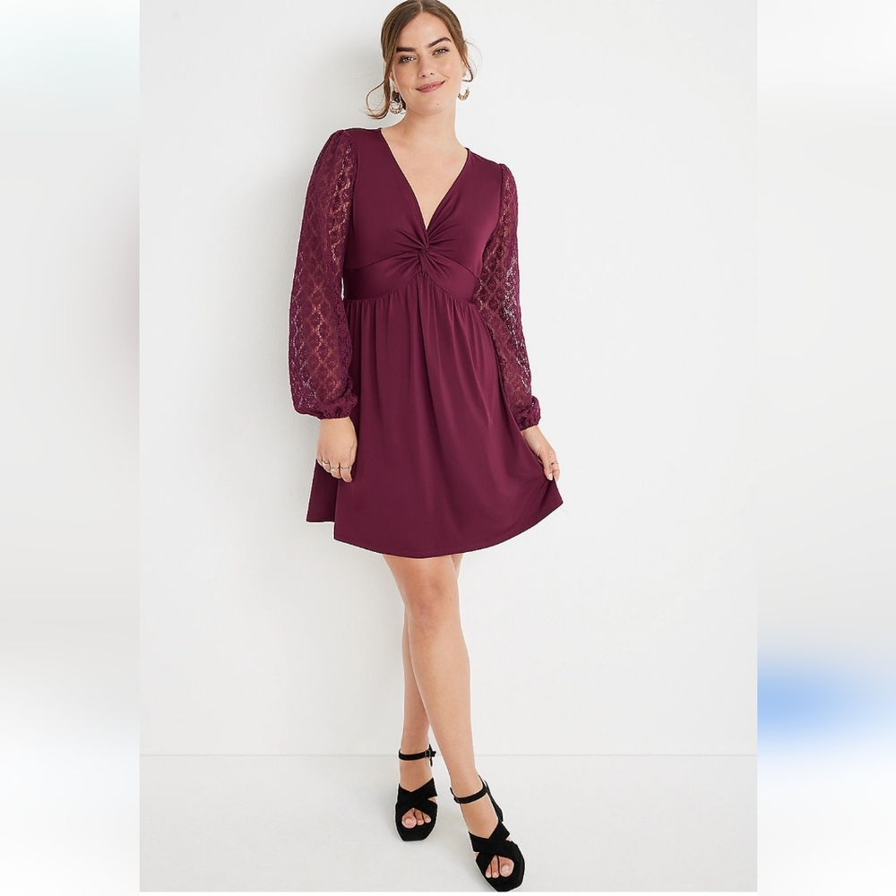 Maurices Plum Purple Babydoll Dress Lace Sleeves Empire Waist Boho Romantic